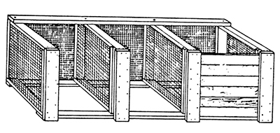 Illustration of a redwood slat hardware screen three-bin composting unit.