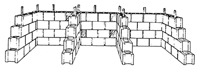 Illustration of a cement block three-bin composting unit