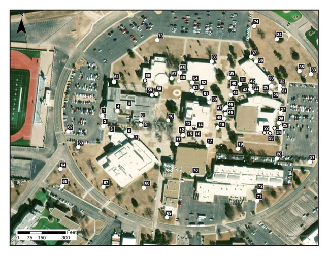 Fig. 01: Aerial photograph of NM Junior College campus showing numbered labels corresponding to plant locations.