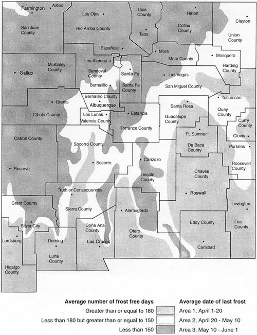 Fig. 1: Map showing average number of frost-free days and average date of last frost in three growing zones in New Mexico.