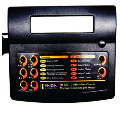 Photograph of a bench-top pH meter with temperature.