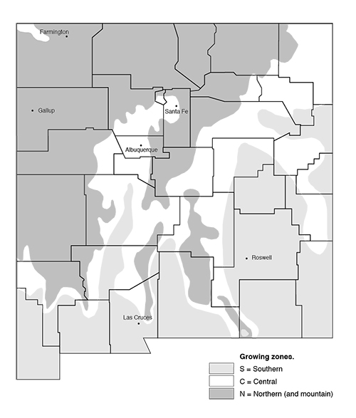 Fig. 01: Map of New Mexico showing southern, central, and norther/mountain growing zones.  