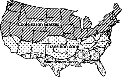 Map showing warm- and cool-season grass growing areas and transition zone