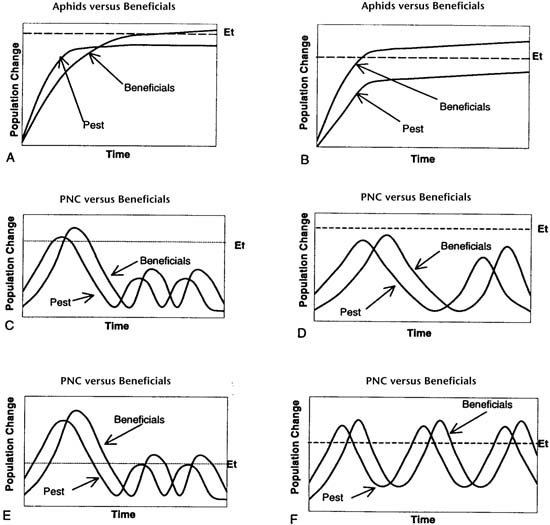 Fig. 1: Line graphs of typical boom or bust cycles of harmful insect species and the reaction of the beneficial insects.