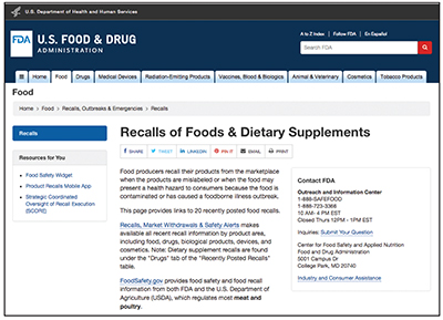 Fig. 1: Screenshot of the FDA “Recalls of Foods & Dietary Supplements” website.
