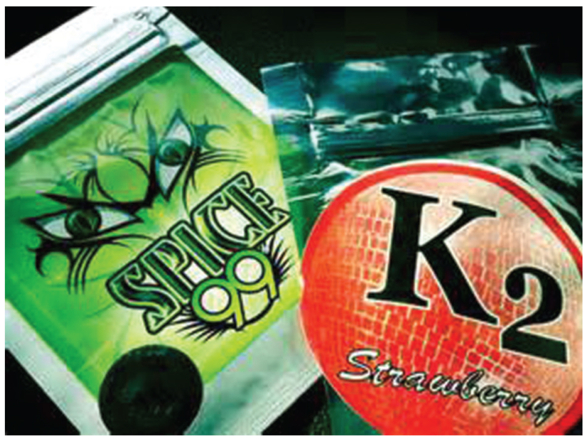Photograph of packages of synthetic drugs sold under different brand names