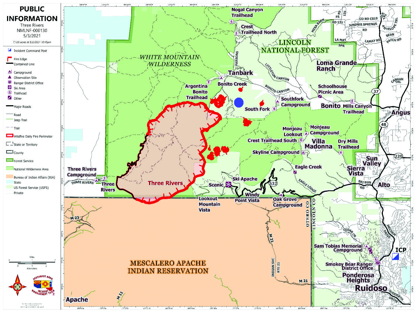 Three Rivers wildfire map from May 3rd, 2021.