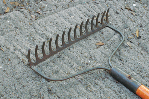 A metal garden rake resting on sandy soil with visible rake marks.