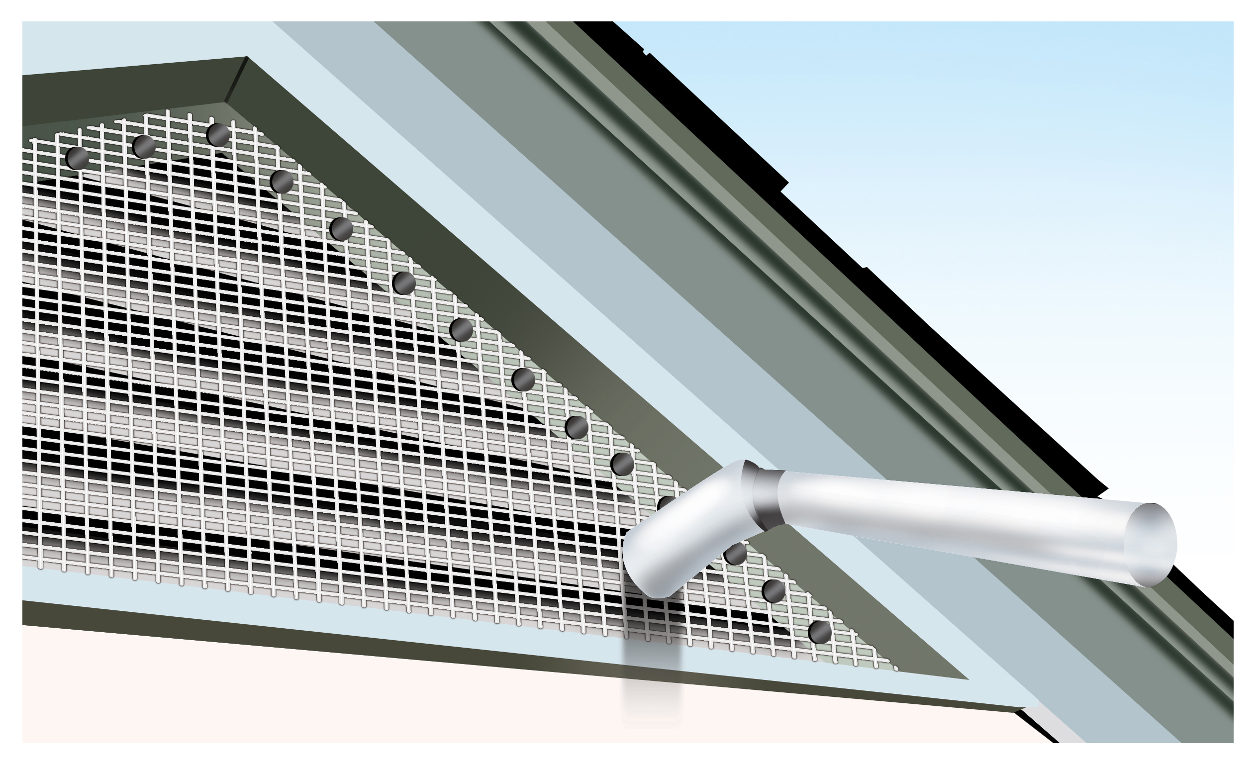 An illustration of a bat exclusion screen with a modified bat cone attached. The screen is designed to be placed over an entry point, such as a vent or opening in a building. The bat cone, also known as a bat valve, is positioned at the bottom of the screen, allowing bats to exit the building while preventing them from re-entering. The screen is shown in a vertical position, with the bat cone clearly visible as the one-way exit mechanism.