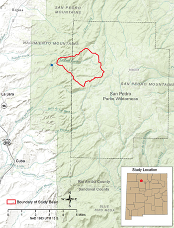 Figure 1. Map of the La Jara Watershed boundary (outlined in red) as used in debris-flow analysis. Black dashed line is the boundary of the San Pedro Parks Wilderness; green area is the Cuba Ranger District, Santa Fe National Forest; and blue circle is the water treatment facility. The community of La Jara can be seen on the far left.