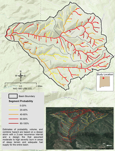 Figure 7a. La Jara Watershed postfire debris-flow segment probabilities for 2-year rainfall event (1.65 inches/hour).