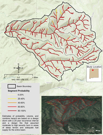 Figure 7c. La Jara Watershed postfire debris-flow segment probabilities for 25-year rainfall event (3.42 inches/hour).