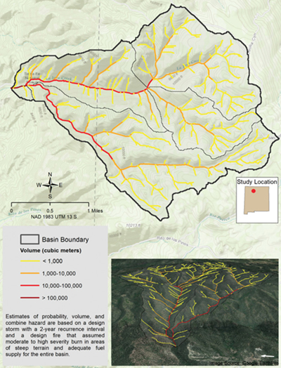 Figure 9a. La Jara Watershed postfire debris-flow segment volumes for 2-year rainfall event (1.65 inches/hour).