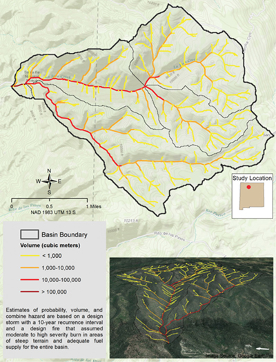 Figure 9b. La Jara Watershed postfire debris-flow segment volumes for 10-year rainfall event (2.83 inches/hour).