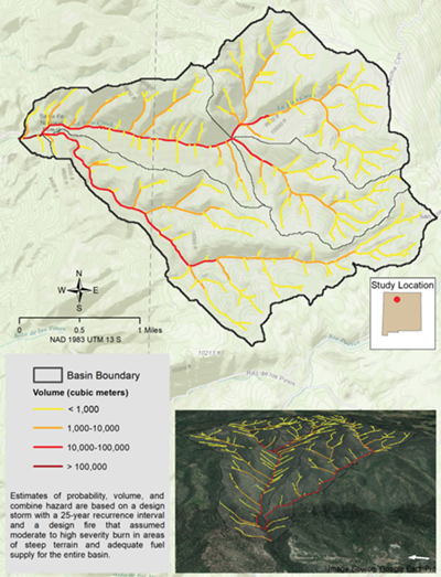 Figure 9c. La Jara Watershed postfire debris-flow segment volumes for 25-year rainfall event (3.42 inches/hour).