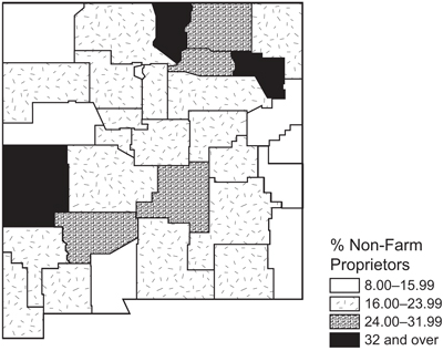 Fig. 3: Map of non-farm proprietors as a percent of total, by county.