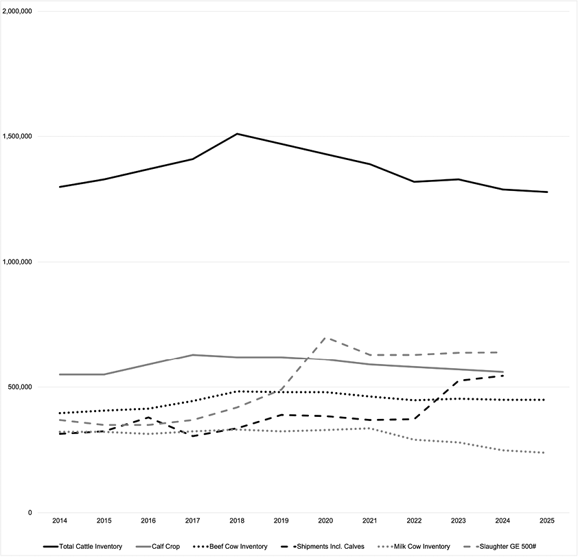 Line graph displaying cattle inventory trends from 2014 to 2025, including total cattle, calf crop, and beef cow inventory, along with MR cow inventory and slaughter data.