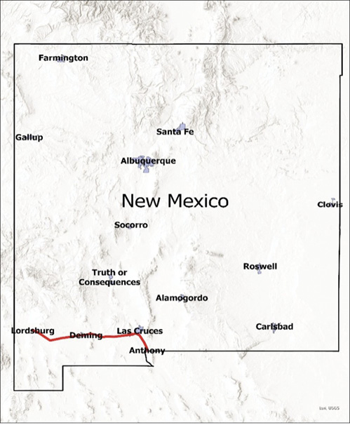 Map of New Mexico highlighting key cities where grapes are grown.