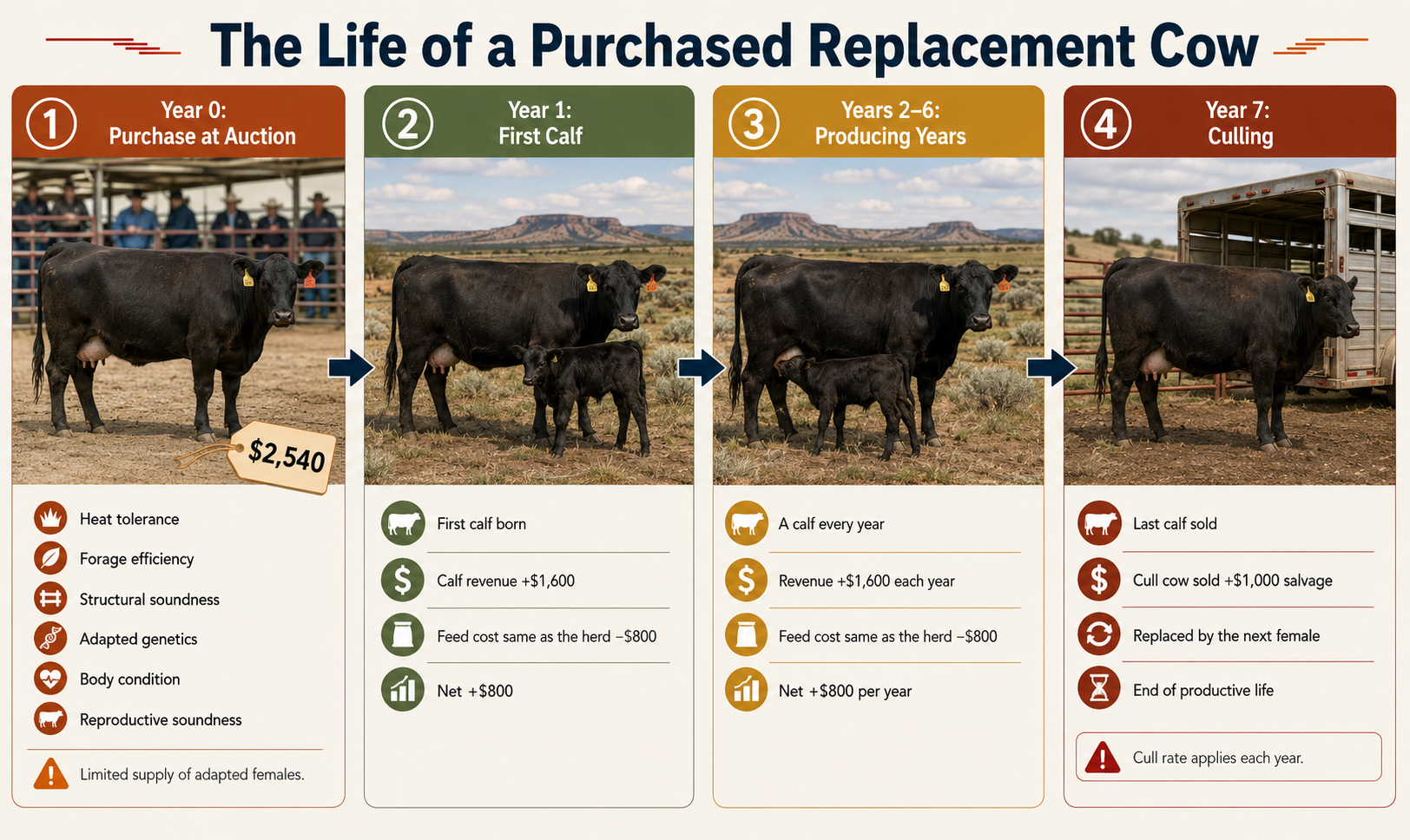 Infographic showing the life cycle of a purchased replacement cow from auction purchase through first calf, producing years, and culling, including associated costs and returns.  Transcribed Text:  The Life of a Purchased Replacement Cow. 1 — Year 0: Purchase at Auction $2,540  Heat tolerance Forage efficiency Structural soundness Adapted genetics Body condition Reproductive soundness Limited supply of adapted females. 2 — Year 1: First Calf  First calf born Calf revenue +$1,600 Feed cost same as the herd −$800 Net +$800. 3 — Years 2–6: Producing Years  A calf every year Revenue +$1,600 each year Feed cost same as the herd −$800 Net +$800 per year. 4 — Year 7: Culling  Last calf sold Cull cow sold +$1,000 salvage Replaced by the next female End of productive life Cull rate applies each year.
