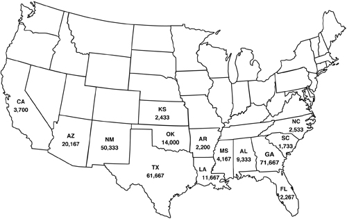 Fig. 2: Map of U.S. 2001-2003 utilized pecan production average, by state in thousand pounds.