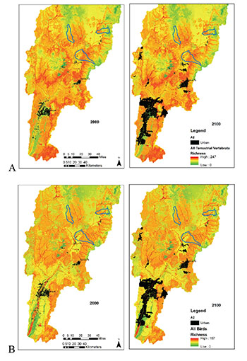 Figure 03: Maps of the Upper Rio Grande River Basin depicting species richness and urban growth.