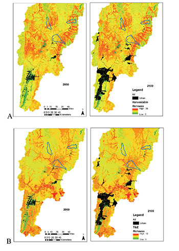 Figure 04: Maps of the Upper Rio Grande River Basin depicting species richness and urban growth.