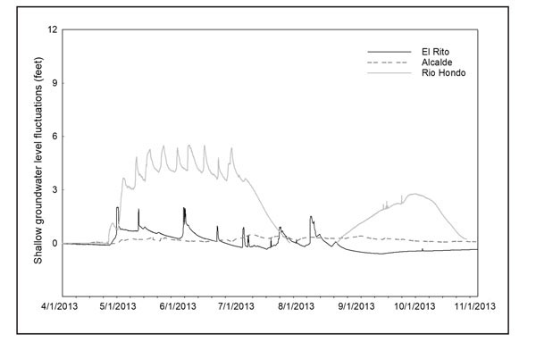 Figure 01: Line graph showing irrigation effects on shallow aquifer recharge, crop field scale.