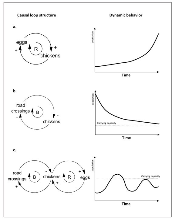 Figure 01: Causal loop diagram showing types of feedback processes (positive and negative) with their causal loop structure and an illustration of the dynamic behavior over time produced by the causal structure.