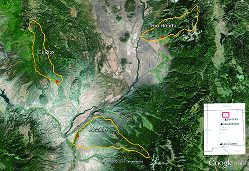 Figure 01: Google Earth view showing the research sites and watersheds.