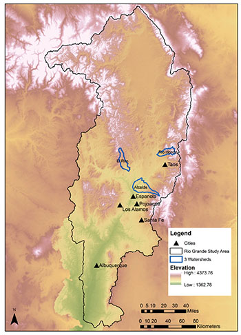 Figure 01: Map of the study area, the Upper Rio Grande River Basin, beginning with the headwaters in Colorado and flowing south into New Mexico.