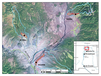 Figure 07: Map showing acequia study communities, their associated irrigated valleys, and contributing watersheds.