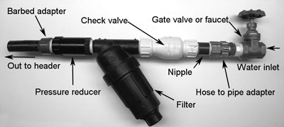 Fig. 3: Photograph showing components uses in the mainline manifold of a high-pressure drip system, including water inlet, gate valve or faucet, hose to pipe adapter, nipple, check valve, filter, pressure reducer, barbed adapter, and outlet to header.