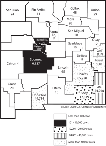 Fig. 3: Map showing number of dairy cows on farms in New Mexico, 2002.