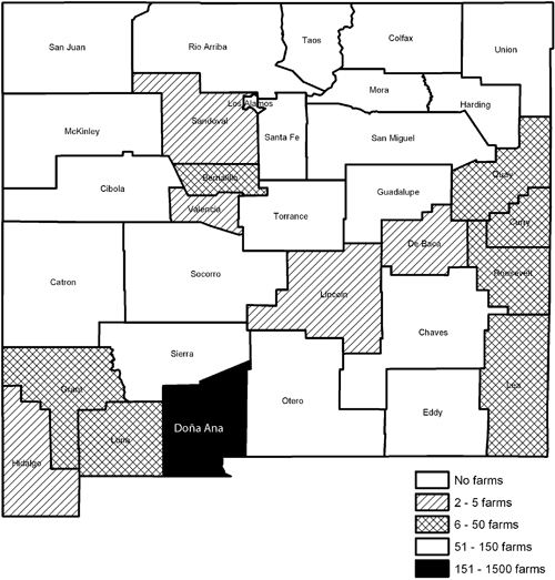 Fig. 2: Map showing number of pecan farms in New Mexico, by county, 2002.