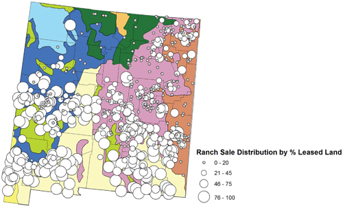 Fig. 4: Map showing spatial distribution of ranch sales by percentage of land from state, BLM, and USFS.
