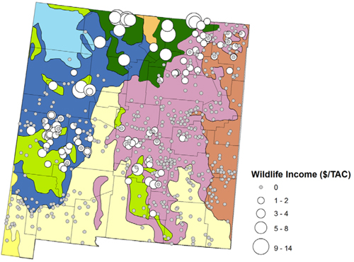 Fig. 6: Map showing spatial distribution of wildlife income ($/TAC).