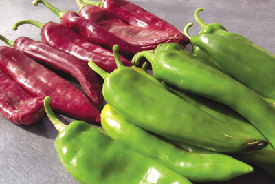 Photograph of fresh red and green chile peppers.