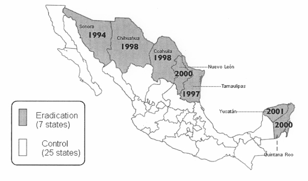Map of USDA bovine tuberculosis classification of Mexican states.