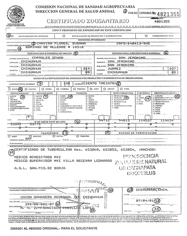Image of Zoosanitary Certificate