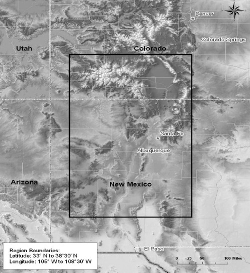 Fig. 3: Satellite photo showing approximate location of the GCM Grid Cell used to estimate temperature and precipitation changes for the New Mexico climate change scenarios. 