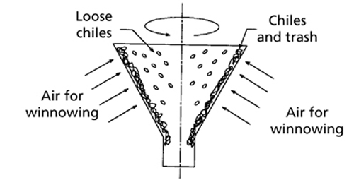Illustration of separating loose chiles using centrifugal force and winnowing. 