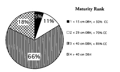 Fig. 2: Pie graph of maturity ranking of surveyed pecan orchards. 5% had a rank of 1, 11% had a rank of 2, 66% had a rank of 3, and 18% had a rank of 4. 