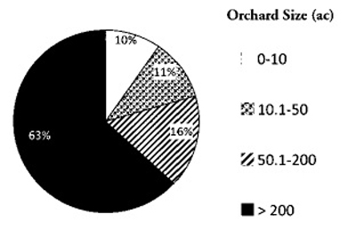 Fig. 4: Do–a Ana county land in pecan production by orchard size. 10% of orchards are 0 to 10 acres in size, 11% are 10.1 to 50 acres, 16% are 50.1 to 200 acres, and 63% are larger than 200 acres. 