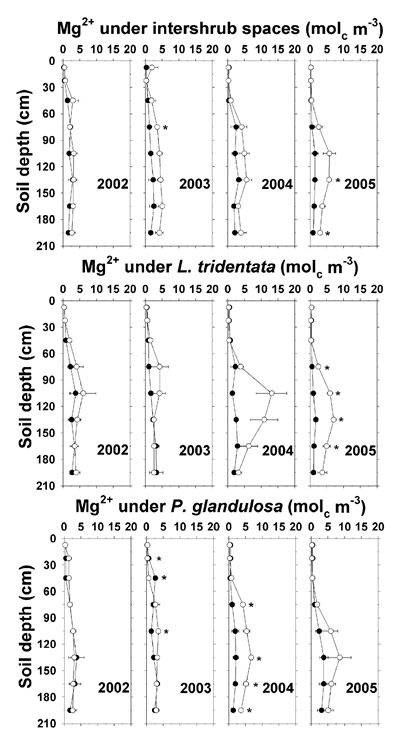 Figure 2+ concentration under intershrub space, L. tridentata, and P. glandulosa, with the non-irrigated plot as the closed symbol (C) and the irrigated plot as the open symbol (B). Further details as in Figure 1.