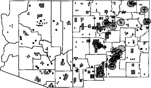 Fig. 2: Map of Arizona and New Mexico showing sites where herbarium specimens diseased with Puccinia grindeliae were collected from 1891 to 1990 (•) and sites where the field survey collection of diseased plants were made (&254;). Collection sites of non-rusted herbarium specimens (<img src=