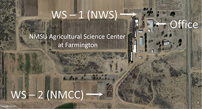 Satellite photograph showing locations of the two weather stations at the NMSU Agricultural Science Center at Farmington.