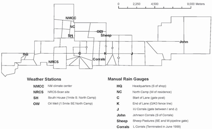 Fig. 1: Map showing weather monitoring locations on the Corona Ranch. 