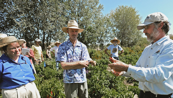 Group of people in a garden or farm field as a man in a white shirt demonstrates something with a plant, while others watch under bright daylight.