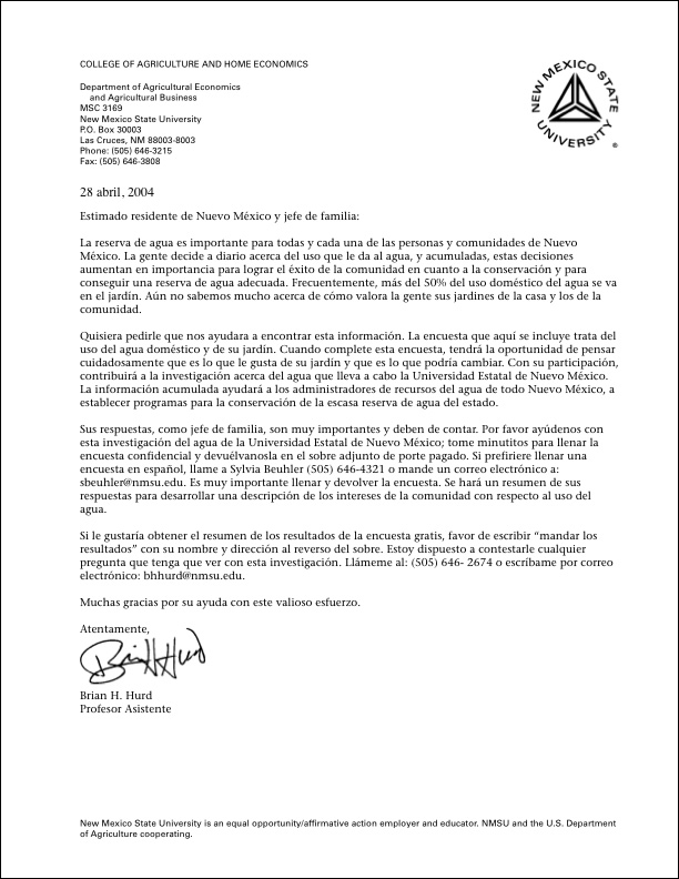 Image of survey cover letter: Spanish version